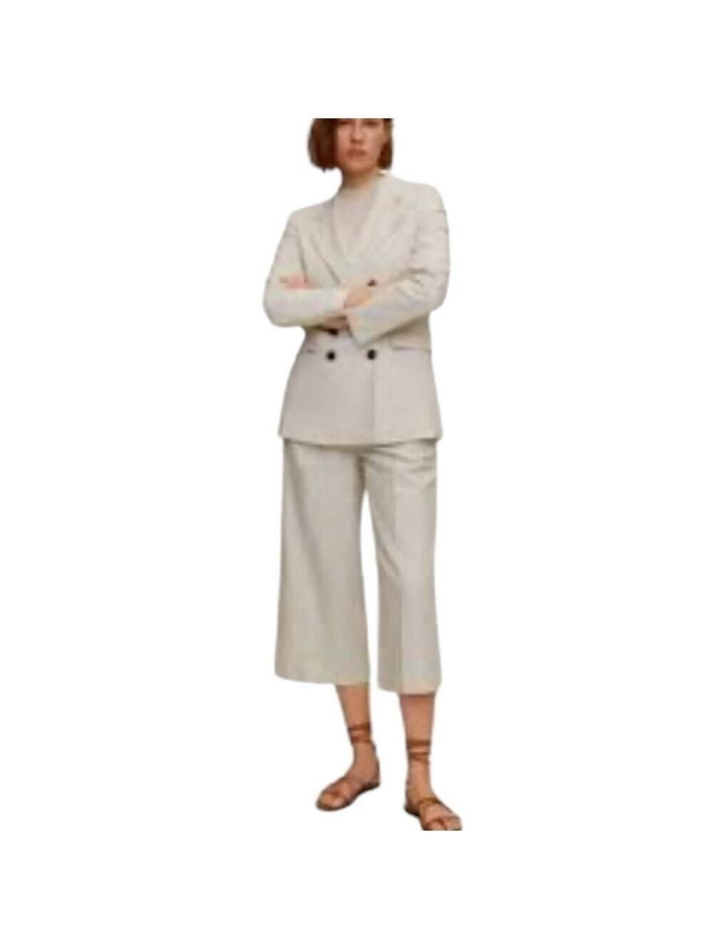 MANGO Women’s off white double breasted linen blend casual pant suit Sz US 12